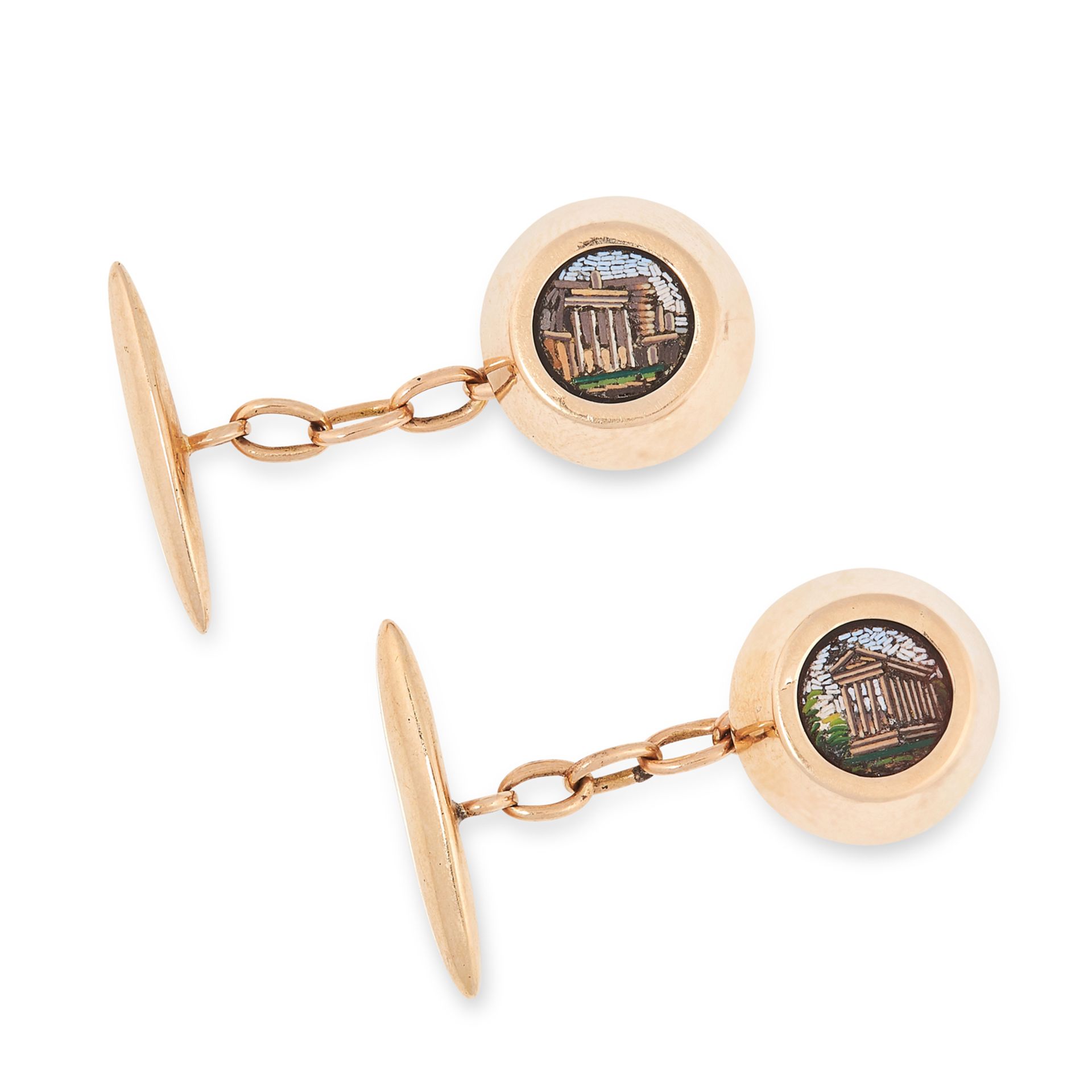 A PAIR OF ANTIQUE MICROMOSAIC CUFFLINKS each set with a micromosaic scene of a Grecian building