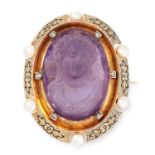 AN ANTIQUE CARVED AMETHYST, PEARL, DIAMOND AND ENAMEL BROOCH comprising of a carved amethyst cameo