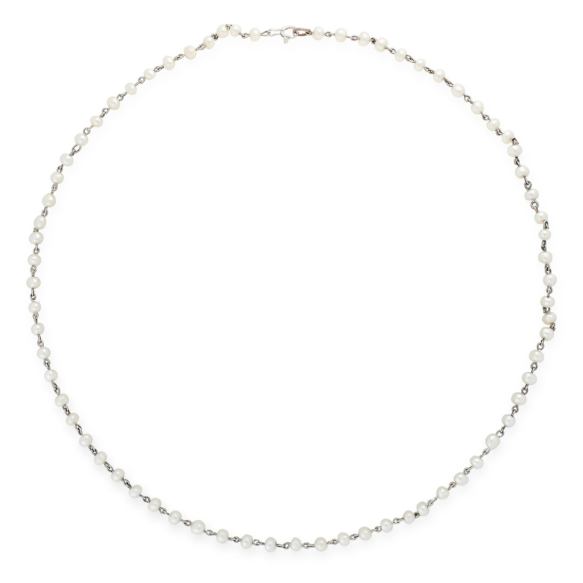 AN ART DECO PEARL CHAIN NECKLACE comprising a single row of seventy pearls connected by chain links,