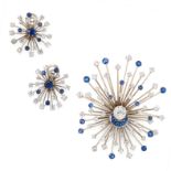 A SAPPHIRE AND DIAMOND EARRING AND BROOCH SUITE, JEAN FOUQUET in 18ct white gold, the brooch set