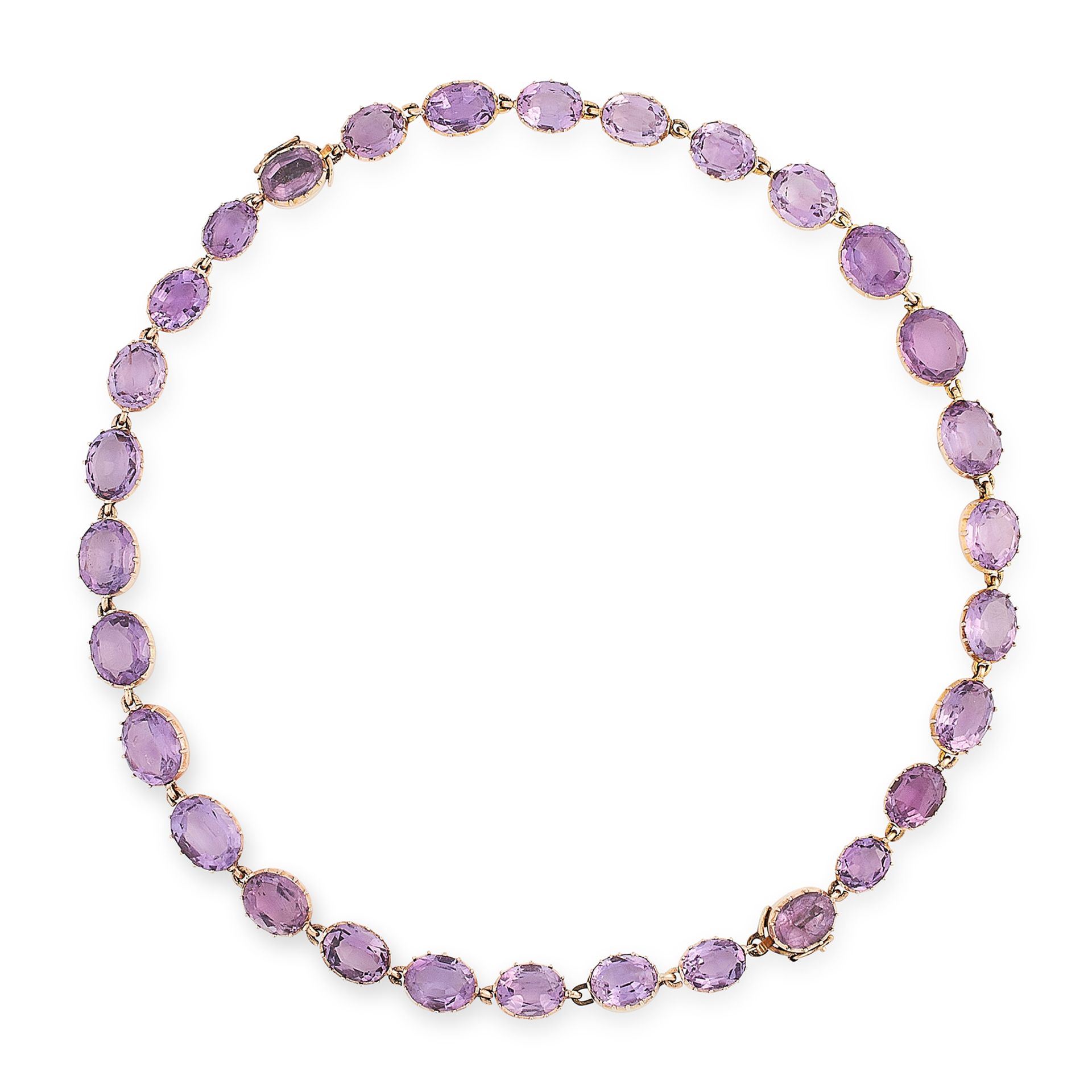 AN ANTIQUE AMETHYST RIVIERE NECKLACE, 19TH CENTURY in yellow gold, comprising a row of thirty oval