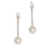 A PAIR OF NATURAL PEARL AND DIAMOND DROP EARRINGS in 14ct gold, each set with a pearl of 5.85 and
