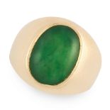 A JADEITE JADE RING in 18ct yellow gold, set with an oval jadeite cabochon of 8.59 carats, full