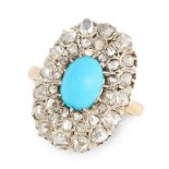 AN ANTIQUE TURQUOISE AND DIAMOND CLUSTER RING in yellow gold and silver, set with an oval