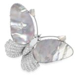 A DIAMOND AND MOTHER OF PEARL BUTTERFLY BROOCH set