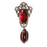 AN ANTIQUE GARNET AND DIAMOND MOURNING PENDANT / BROOCH, 19TH CENTURY in yellow gold and silver, the