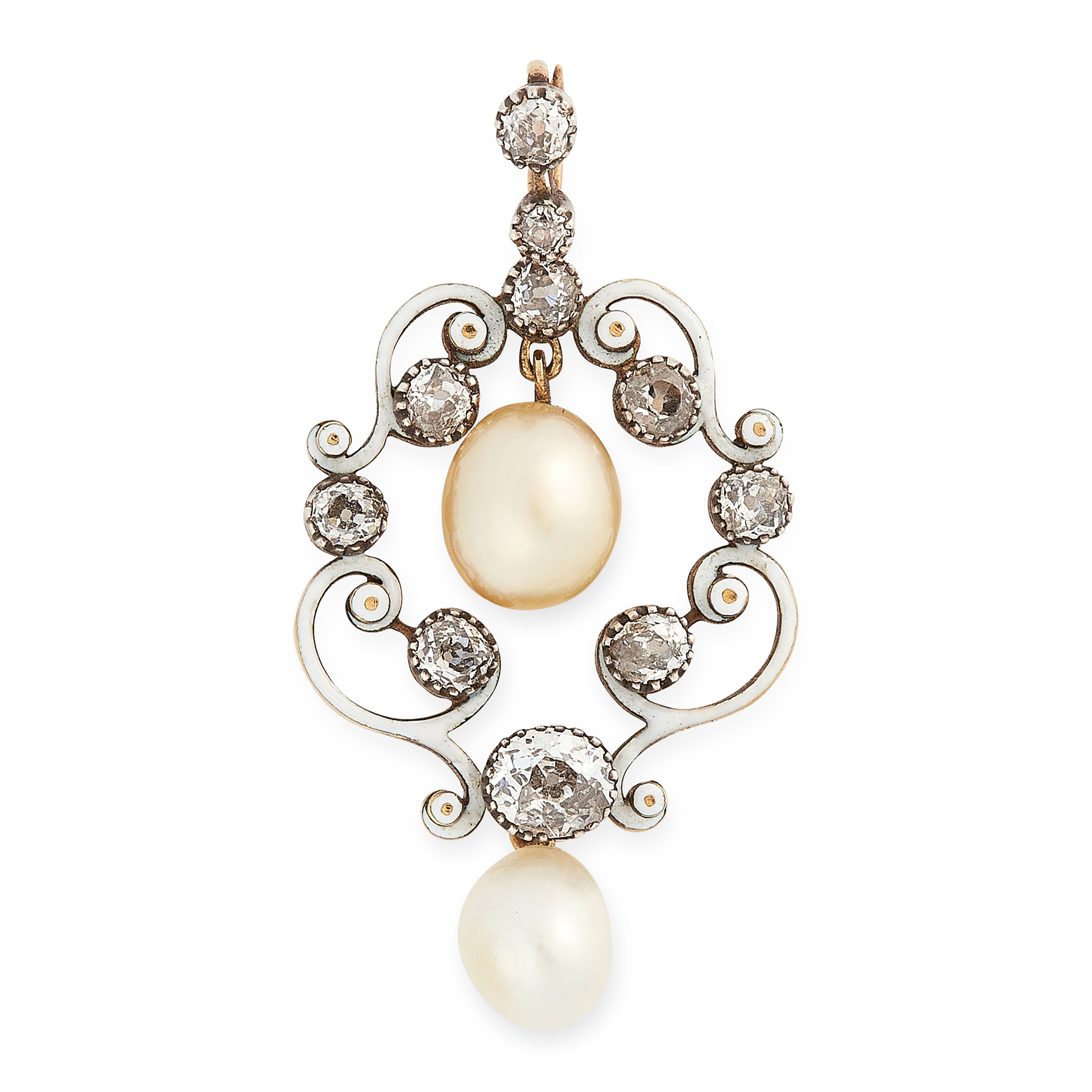 AN ANTIQUE NATURAL PEARL, DIAMOND AND ENAMEL PENDANT in yellow gold and silver, set with two natural