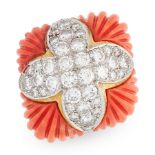 A VINTAGE CORAL AND DIAMOND DRESS RING in 18ct yellow gold, the face set with a central quatrefoil