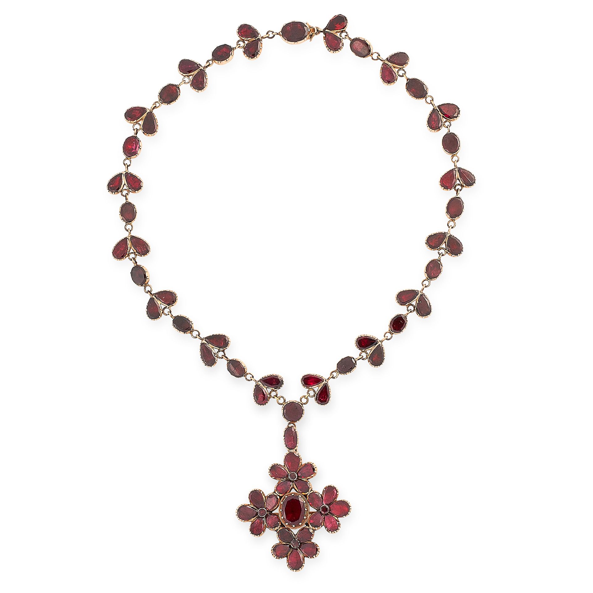 AN ANTIQUE GARNET NECKLACE, 19TH CENTURY in yellow gold, the drop formed of four flower motifs set
