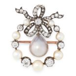 AN ANTIQUE NATURAL PEARL AND DIAMOND BROOCH / PENDANT in yellow gold and silver, set with a