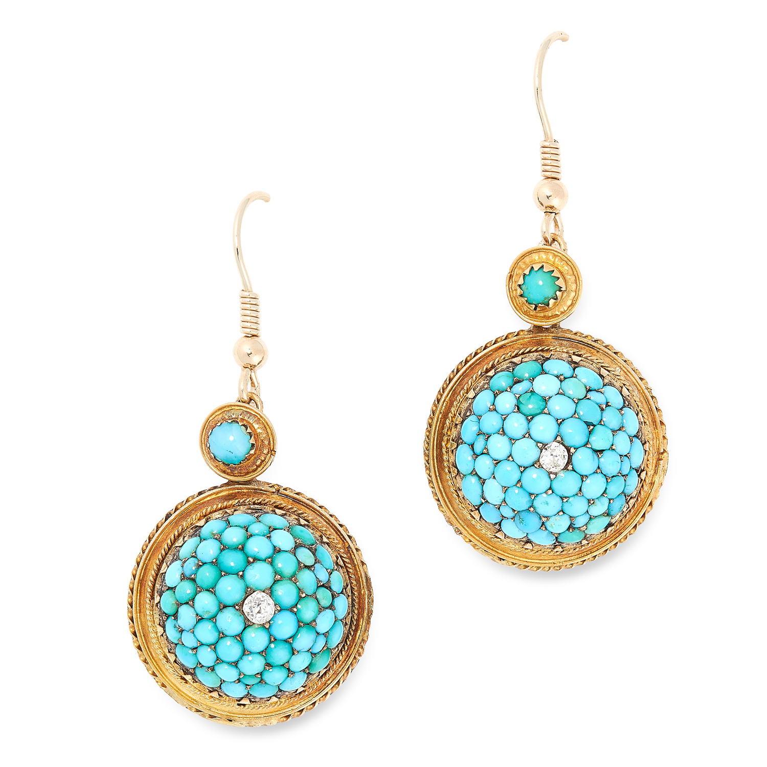 A PAIR OF ANTIQUE TURQUOISE AND DIAMOND EARRINGS in circular form set with cabochon turquoise and an