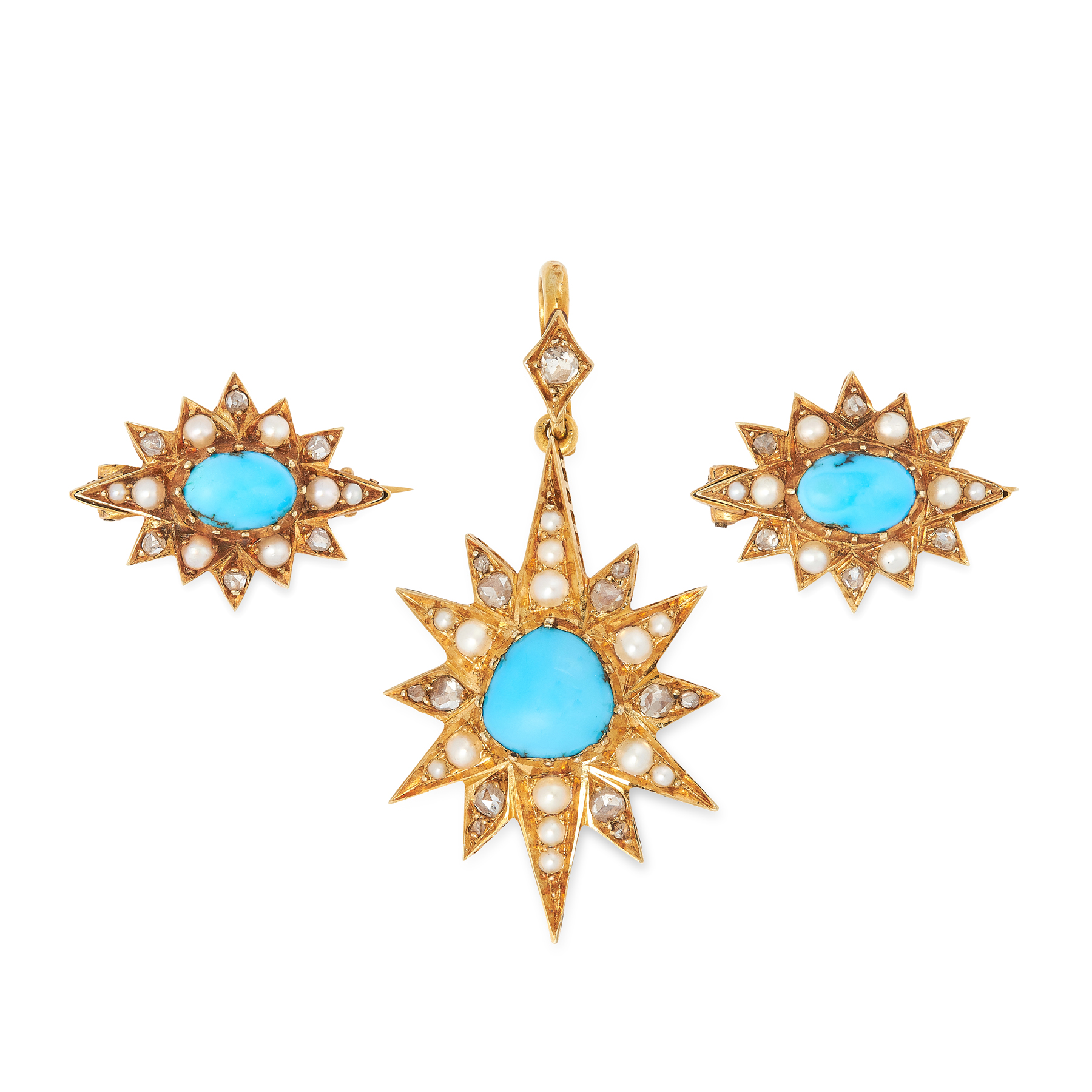 AN ANTIQUE TURQUOISE, PEARL AND DIAMOND DEMI PARURE, 19TH CENTURY in yellow gold, comprising pendant