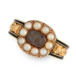 AN ANTIQUE GEORGIAN ENAMEL, HAIRWORK AND PEARL MOURNING RING, 1830 in 18ct yellow gold, the face set