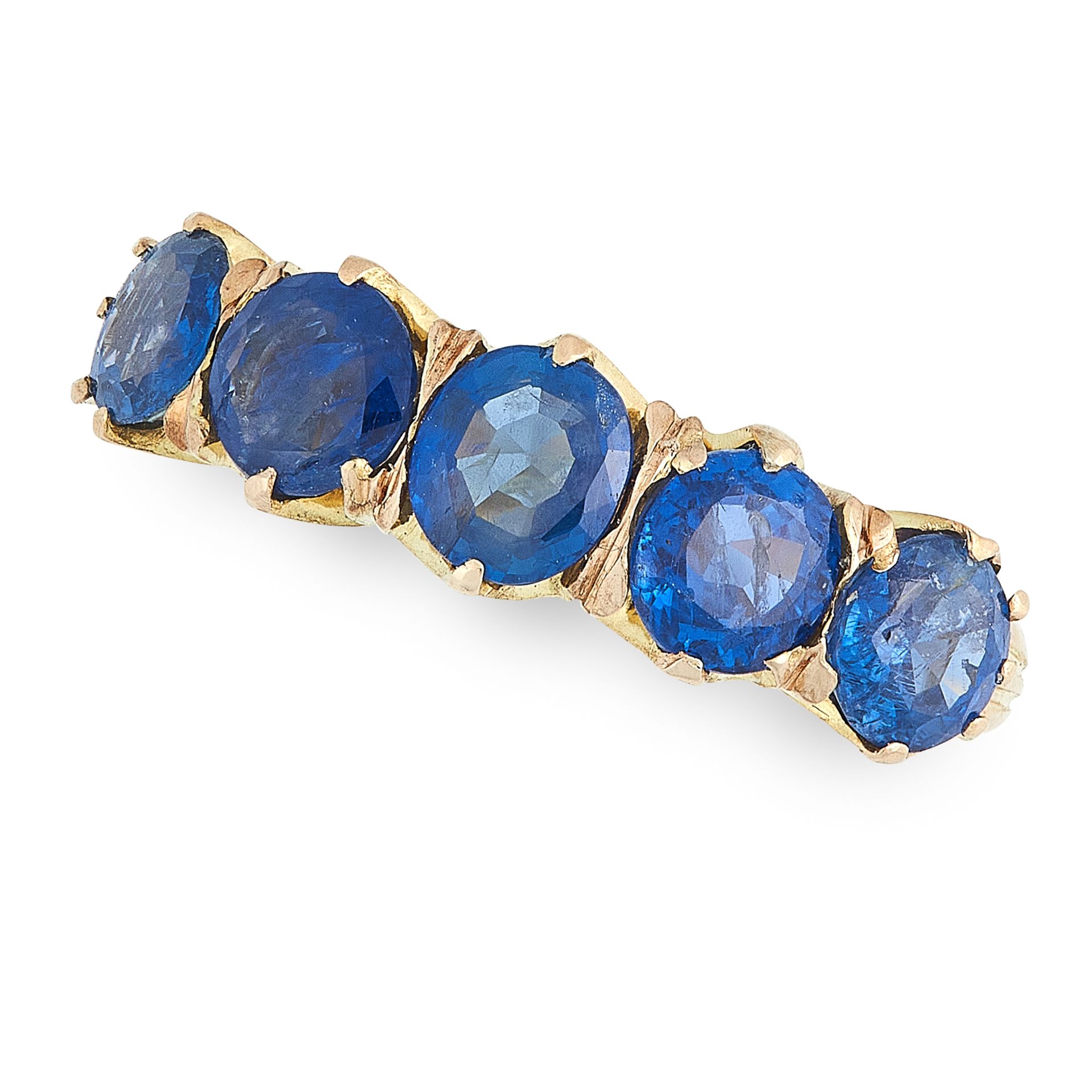 A SAPPHIRE FIVE STONE RING in yellow gold, set with a row of five graduated round cut sapphires