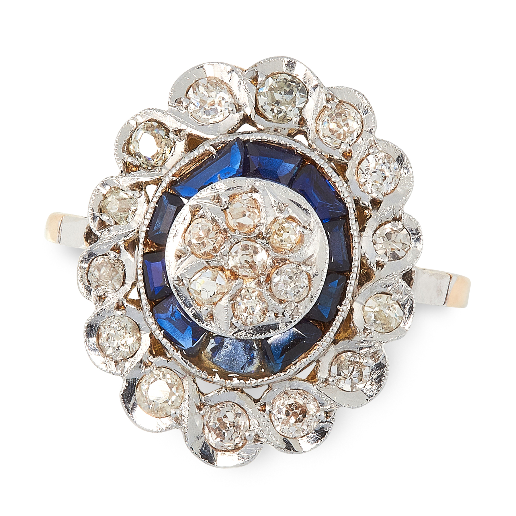 A SAPPHIRE AND DIAMOND DRESS RING in yellow gold, set with a cluster of round cut diamonds within