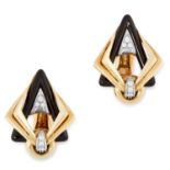 A PAIR OF DIAMOND AND ONYX EARRINGS in 18ct yellow gold, each with an onyx triangle set between