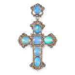 AN OPAL AND DIAMOND CROSS PENDANT / BROOCH designed as a cross, set with oval and cushion shaped