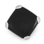 AN ONYX AND DIAMOND RING, GAVELLO in 18ct white gold, set with a large square cabochon piece of