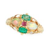 AN ANTIQUE OPAL, EMERALD AND RUBY RING, 19TH CENTURY in high carat yellow gold, set with a cushion