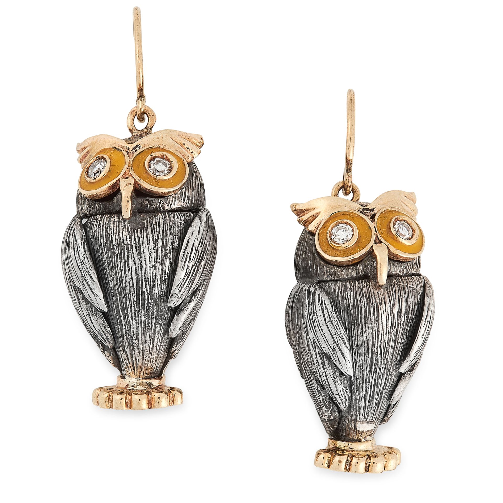 A PAIR OF DIAMOND AND ENAMEL OWL EARRINGS in yellow gold and silver, each designed as an owl, with