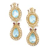 A PAIR OF BLUE TOPAZ AND PEARL DROP EARRINGS in 18ct yellow gold, the articulated bodies set with