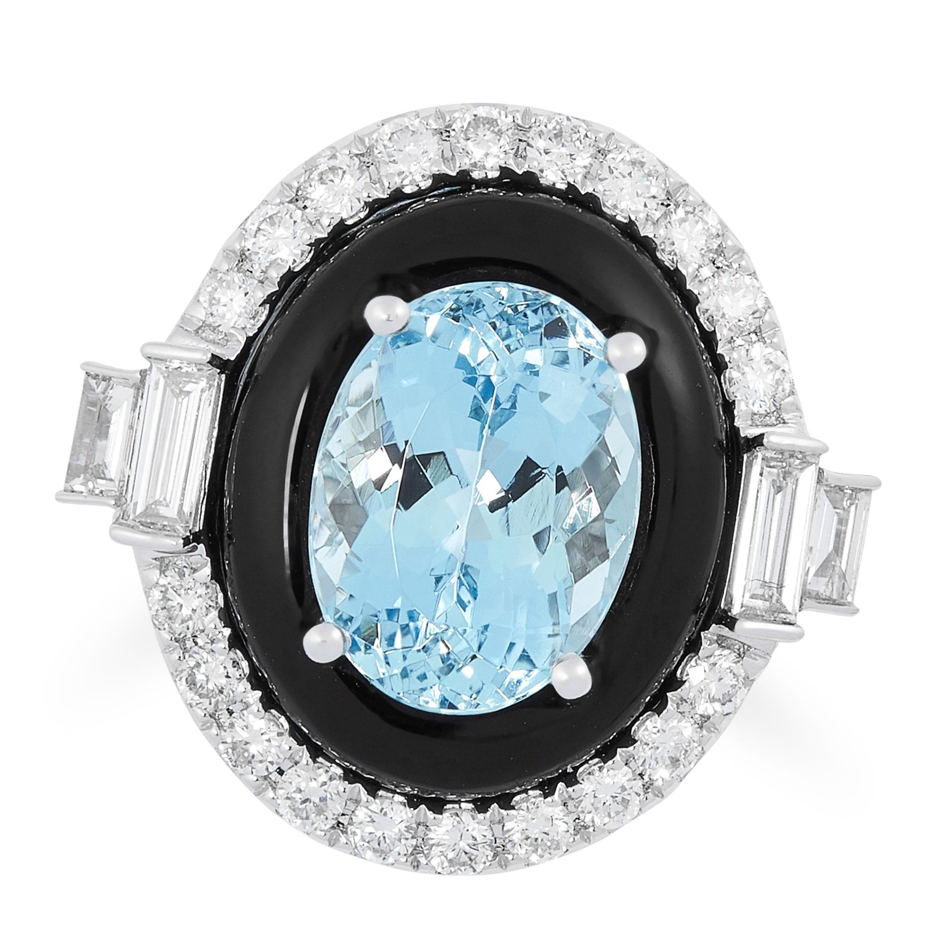 AN AQUAMARINE, ONYX AND DIAMOND DRESS RING set with an oval mixed cut aquamarine of 2.81 carats,