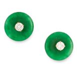 A PAIR OF JADEITE JADE AND DIAMOND STUD EARRINGS in 18ct yellow gold, each designed as a polished