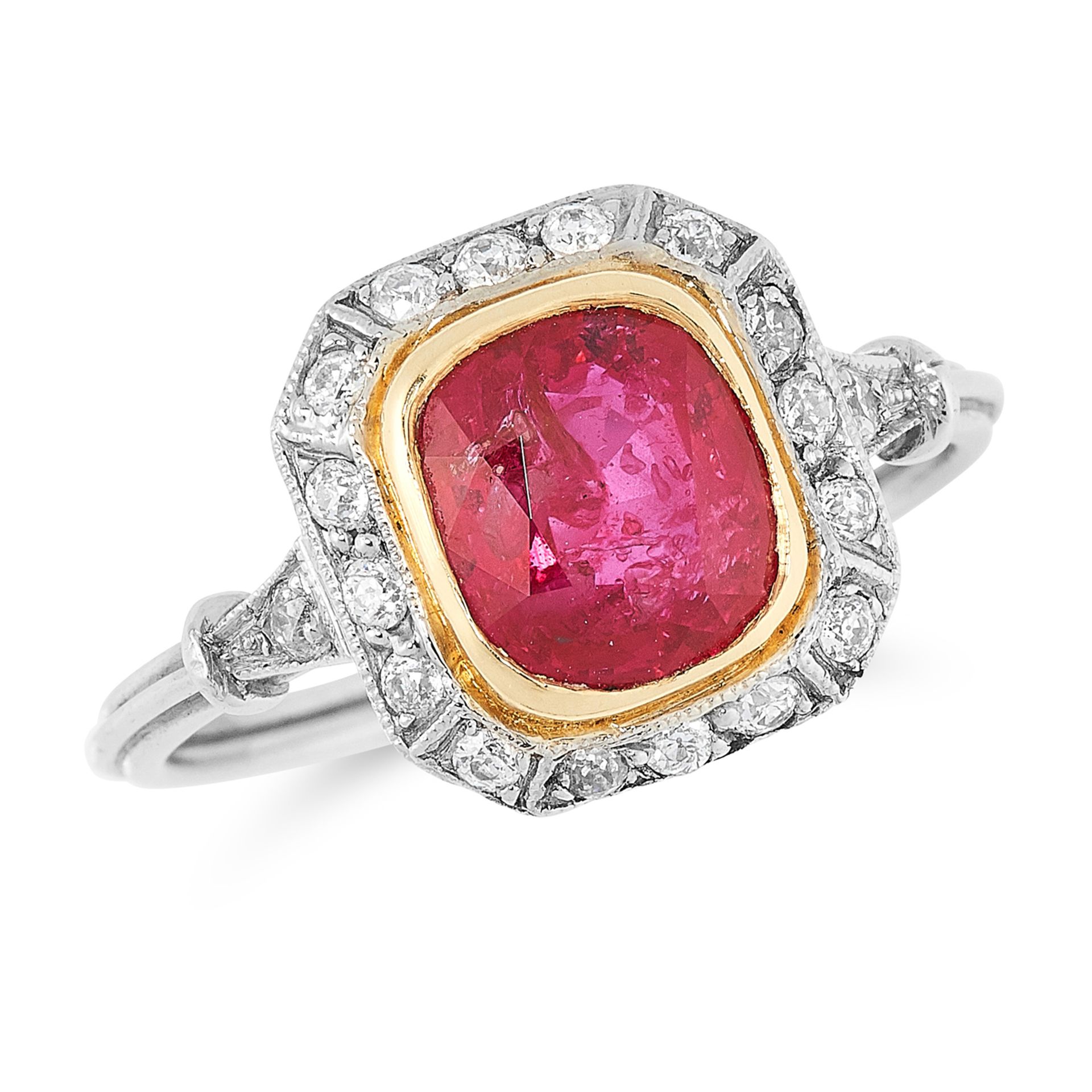 A 2.33 CARAT BURMA NO HEAT RUBY AND DIAMOND CLUSTER RING set with a cushion cut ruby of 2.33