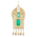 AN EMERALD AND DIAMOND PENDANT in high carat yellow gold, set with emerald cut and oval cut emeralds