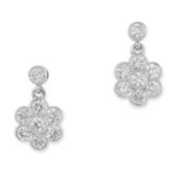 A PAIR OF DIAMOND CLUSTER DROP EARRINGS in 18ct white gold, each designed as a cluster of round