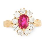 A BURMA NO HEAT RUBY AND DIAMOND RING in 18ct yellow gold, set with an oval cut ruby of 1.38