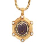 AN ANTIQUE AMETHYST, PEARL, ENAMEL AND PEARL CAMEO PENDANT AND CHAIN in high carat yellow gold,