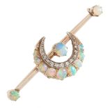 AN ANTIQUE OPAL AND DIAMOND BROOCH, 19TH CENTURY in high carat yellow gold, designed as a crescent