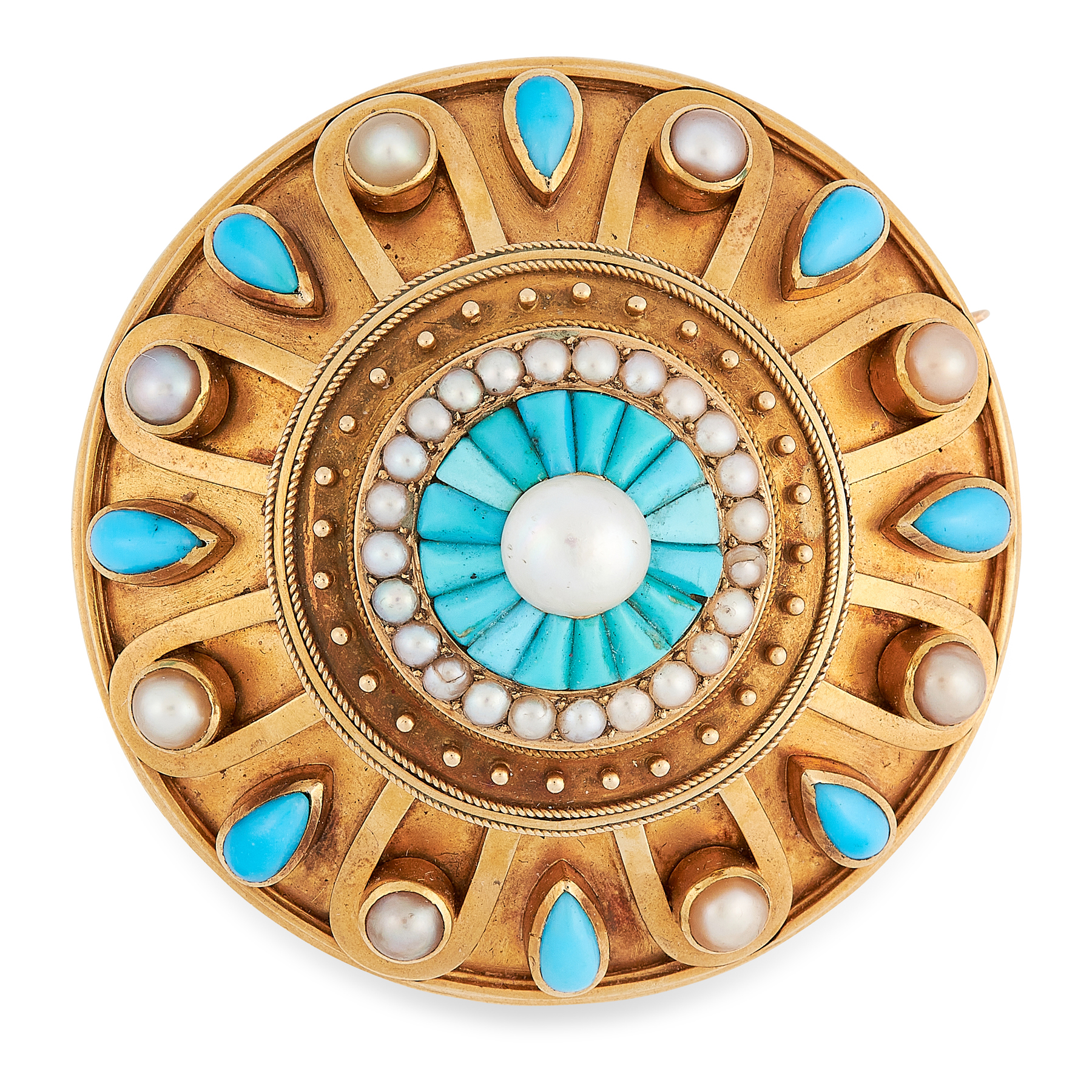 AN ANTIQUE TURQUOISE AND PEARL MOURNING LOCKET BROOCH, 19TH CENTURY in high carat yellow gold, in