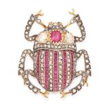 AN ANTIQUE RUBY AND DIAMOND BUG BROOCH, 19TH CENTURY in yellow gold and silver, designed as a