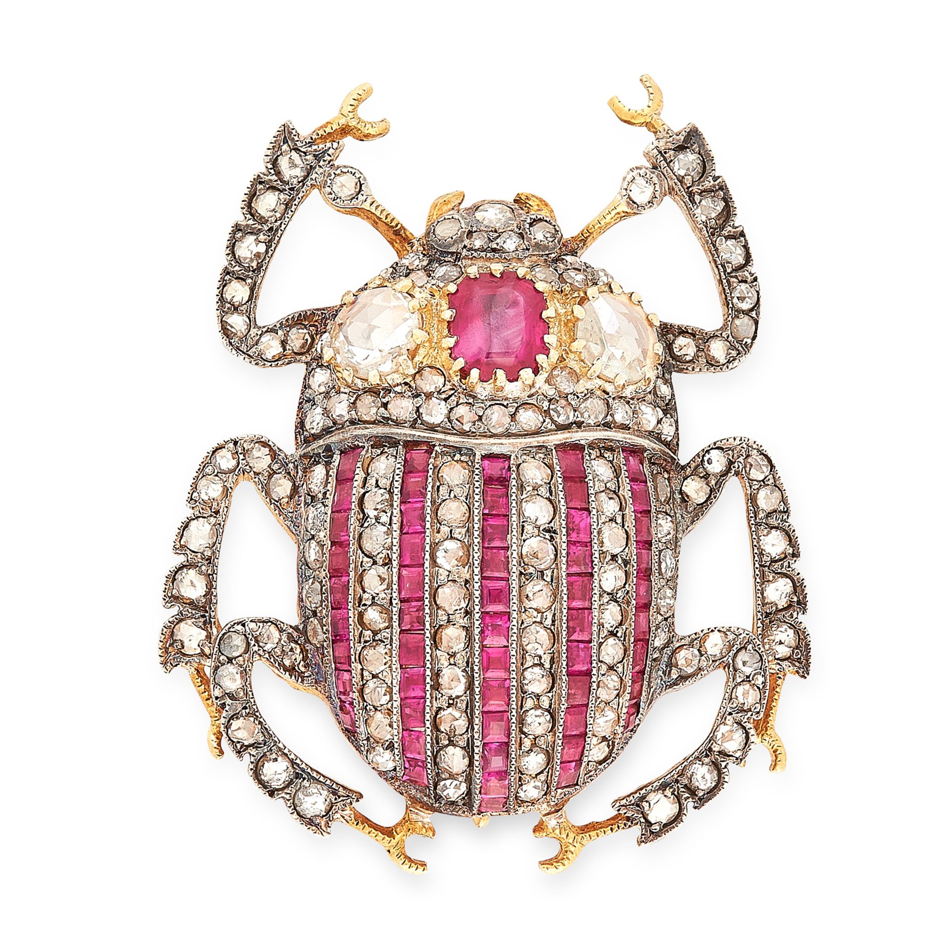 AN ANTIQUE RUBY AND DIAMOND BUG BROOCH, 19TH CENTURY in yellow gold and silver, designed as a