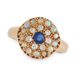 AN ANTIQUE SAPPHIRE, DIAMOND AND OPAL RING in high carat yellow gold, set with a round cut