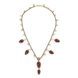 AN ANTIQUE GARNET, PEARL AND HAIRWORK MOURNING NECKLACE, 19TH CENTURY in high carat yellow gold, the
