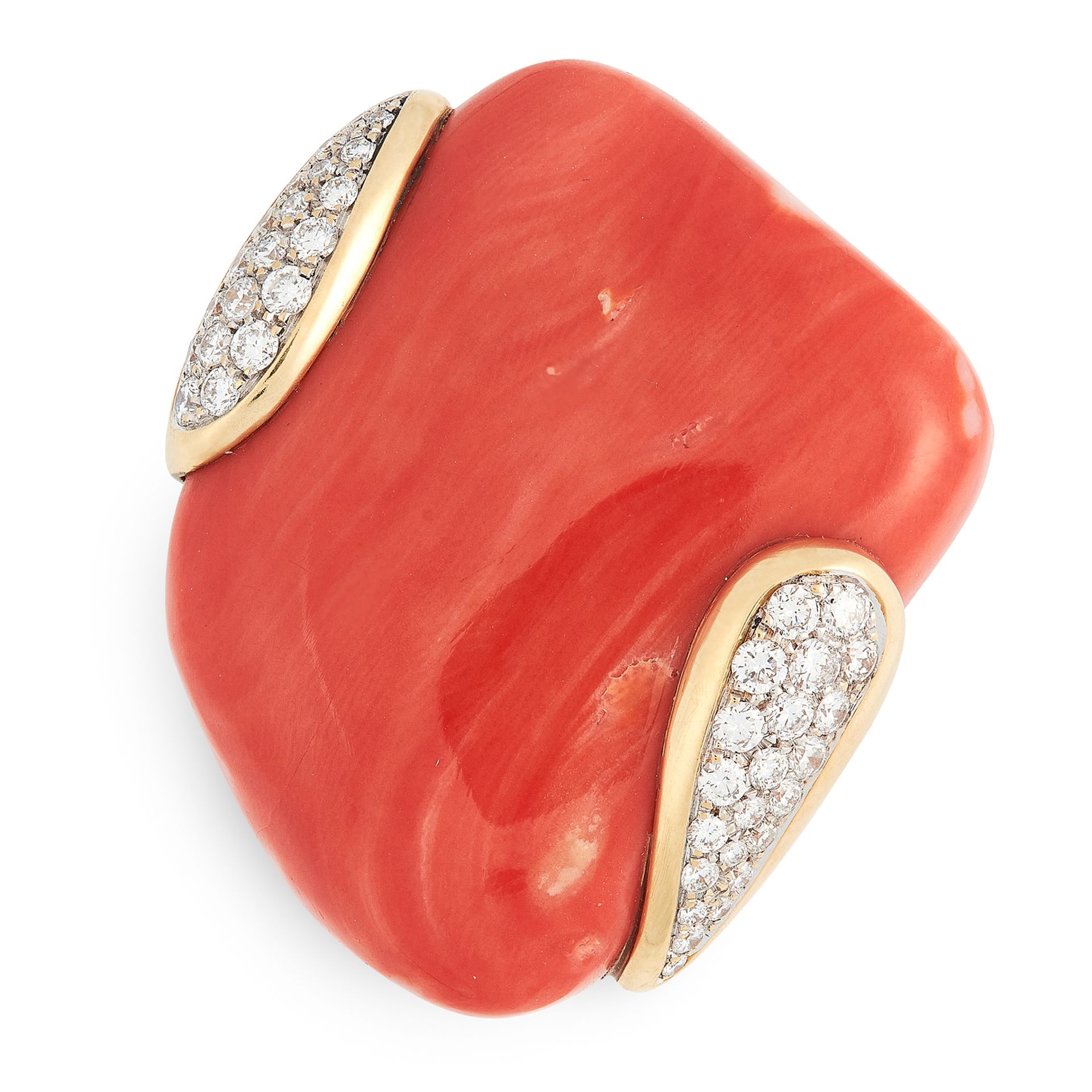 A CORAL AND DIAMOND RING, GAVELLO in 18ct yellow gold, set with a large polished piece of coral