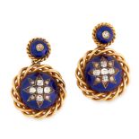 A PAIR OF ANTIQUE DIAMOND AND ENAMEL DROP EARRINGS, 19TH CENTURY in yellow gold, each formed of