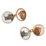 A PAIR OF REVERSE INTAGLIO LION AND RHINO CUFFLINKS, DEAKIN & FRANCIS in 18ct yellow gold, each