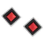 A PAIR OF CORAL, ONYX AND DIAMOND EARRINGS in 18ct white gold, each of square design set with a