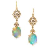 A PAIR OF OPAL AND DIAMOND DROP EARRINGS each set with an oval cabochon opal suspended below foliate
