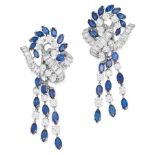 A PAIR OF SAPPHIRE AND DIAMOND PENDENT CLIP EARRINGS in 18ct white gold and platinum, each