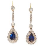A PAIR OF ANTIQUE SAPPHIRE AND DIAMOND EARRINGS, EARLY 20TH CENTURY in yellow gold and platinum,