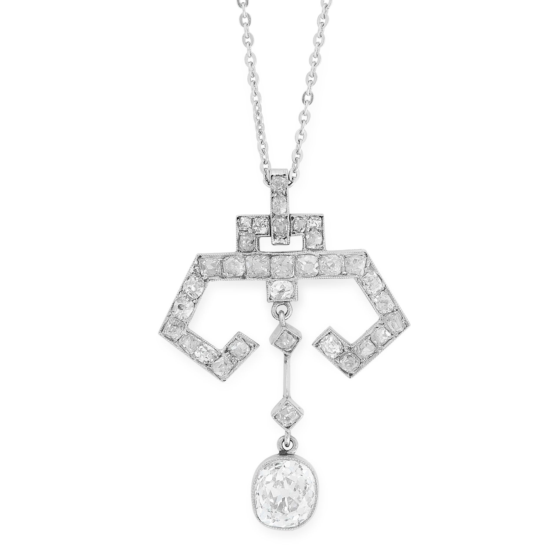 AN ART DECO DIAMOND PENDANT AND CHAIN, EARLY 20TH CENTURY in 18ct white gold, set with an old cut