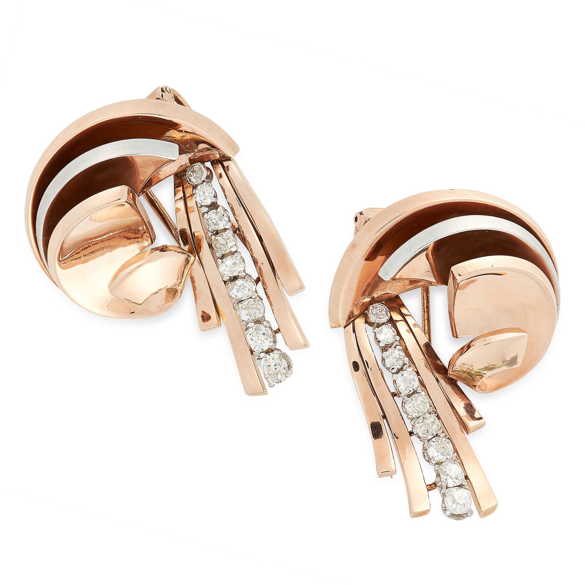 A PAIR OF DIAMOND CLIP BROOCHES CIRCA 1940 in rose gold, of layered scrolling design, each set