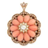 AN ANTIQUE CORAL AND DIAMOND MOURNING LOCKET PENDANT, 19TH CENTURY in yellow gold, of scalloped