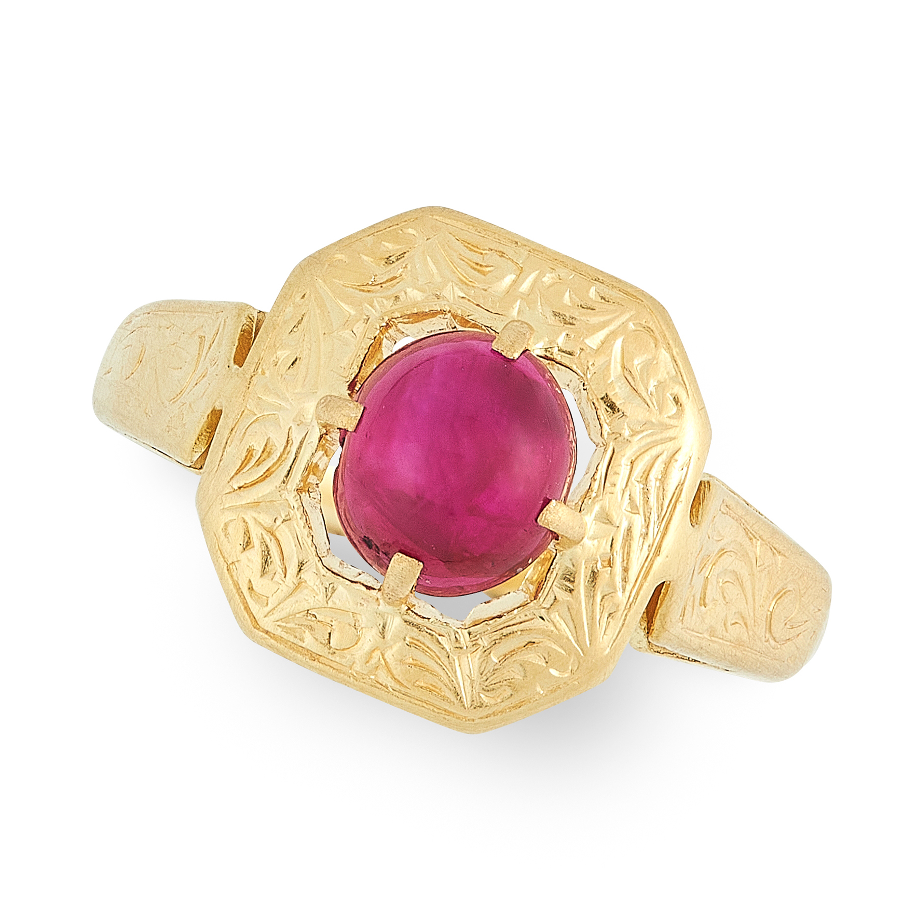 A RUBY DRESS RING in high carat yellow gold, set with an oval cabochon ruby of 1.9 carats, within an