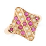 A RUBY AND PEARL DRESS RING the navette face is set with round cut rubies and pearls, tests as